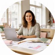 Grafisch ontwerper Amisha Bhulai aan haar bureau in Amsterdam met schetsen en laptop