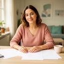 Amisha Bhulai thuis aan een tafel met haar persoonlijke plan voor een koopwoning