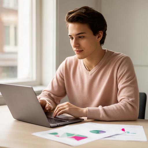 Jonge consultant aan een bureau in Amsterdam met financieel overzicht en laptop