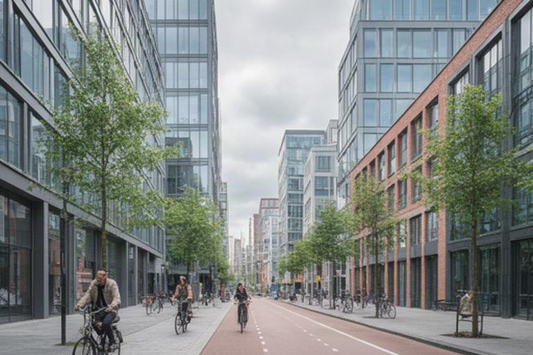 Straatbeeld van Amsterdam Oost met moderne kantoorgebouwen en fietspad bij de James Wattstraat