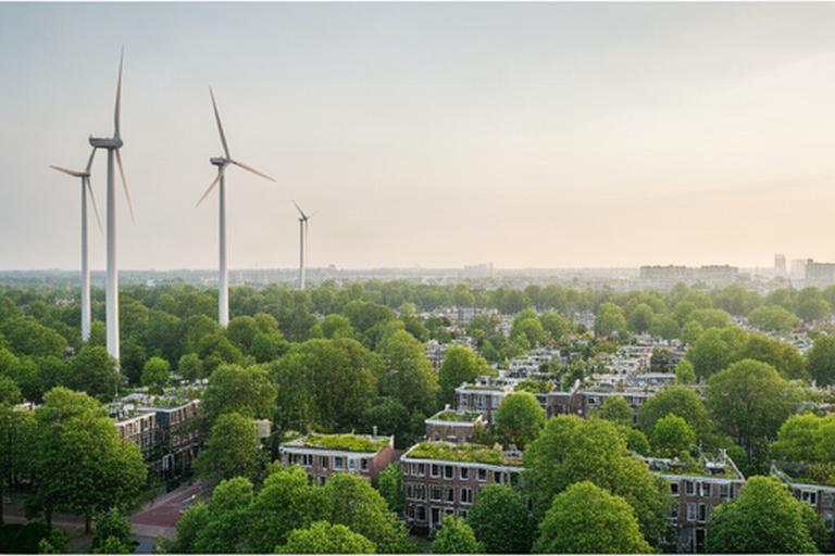 Windmolens naast een groene stadswijk in Amsterdam bij zacht ochtendlicht