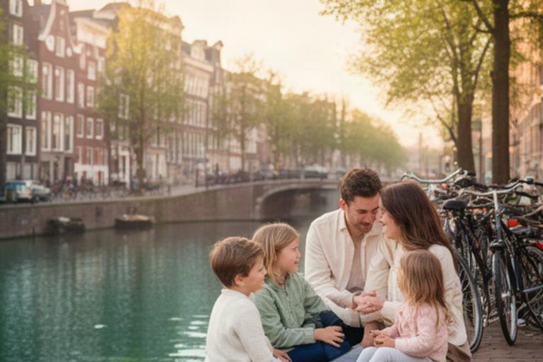 Jong gezin met twee kinderen aan een Amsterdamse gracht tijdens een rustig ochtendmoment