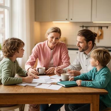 Ouders met twee kinderen aan de keukentafel in Amsterdam terwijl zij hun gezinsplan bespreken