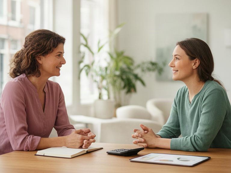 Adviseur en klant bespreken een financieel plan aan een houten tafel in een licht kantoor in Amsterdam-Oost