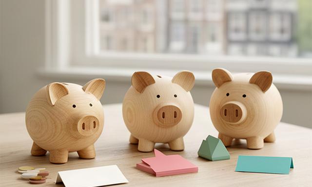 Houten spaarpotten met labels huis, reis en studie op een lichte tafel in Amsterdam